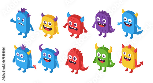 Colorful isometric cartoon monsters with different expressions and styles
