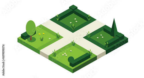 Isometric garden design with pathways and greenery in flat style