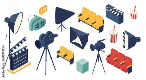 Film production equipment in isometric style with clapperboards and cameras