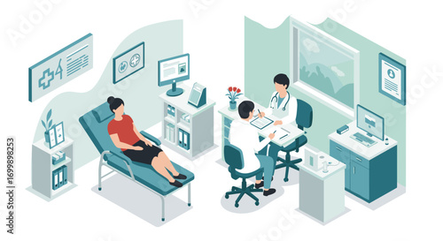 Modern healthcare consultation in an isometric clinic setting