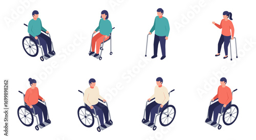 Diverse group of people with mobility aids in flat design