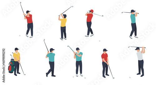 Isometric golf players in various poses and golf equipment on white background