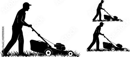 Man pushing lawn mower svg, Man mowing lawn svg, Man pushing lawn mower silhouette, Man mowing lawn silhouette, Lawn mowing silhouette, Man pushing lawnmower vector set