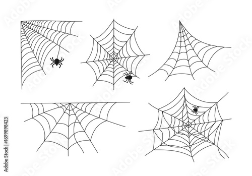 Black Spider web set. Halloween decoration. Hand drawn angular round semicircular web. Doodle sketch for holiday spooky scary party banner poster card. Tattoo design art with an insect bug drawing