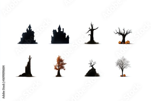 Silhouettes of eerie trees and haunted houses create an atmosphe