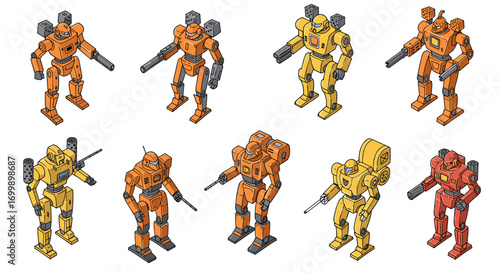 Futuristic robot designs in isometric style featuring orange and yellow tones with detailed armor and weaponry