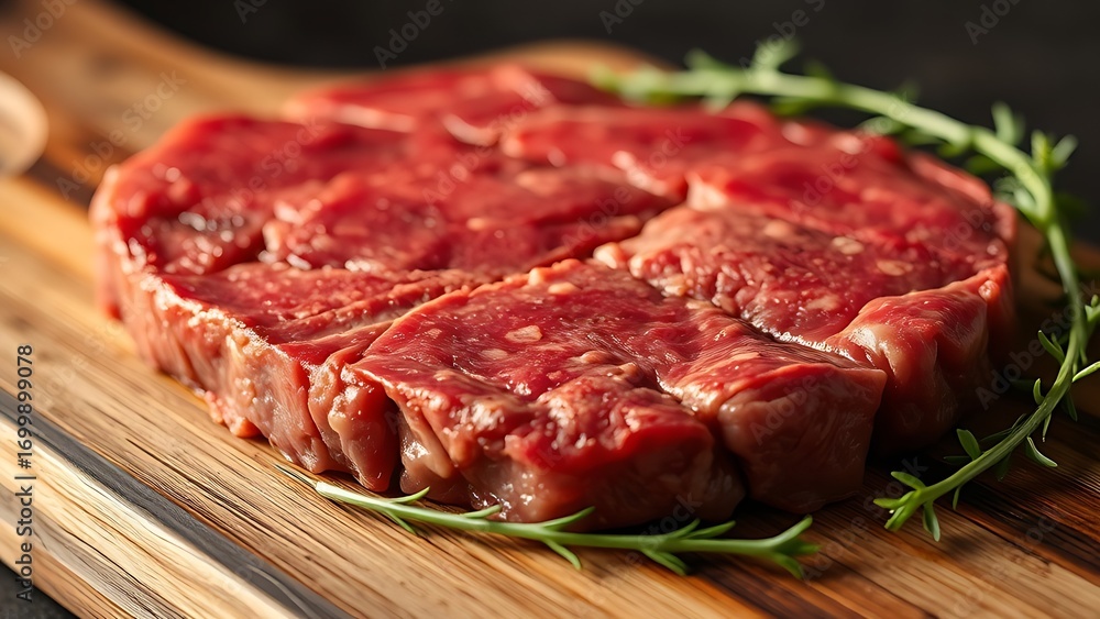 Obraz premium Close-up of raw beef on a wooden surface, showcasing freshness and culinary appeal.