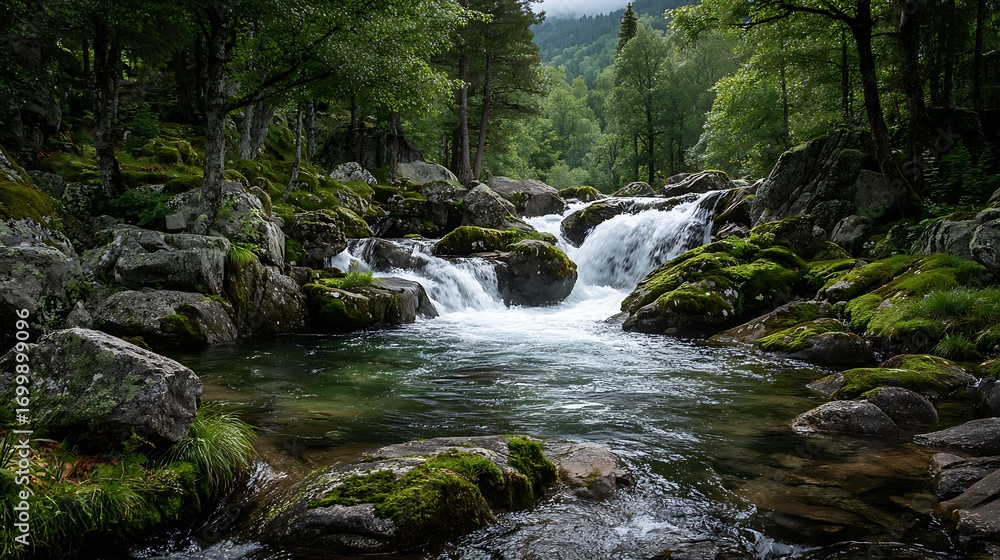 Fototapeta premium Rushing waterfall cascading over mossy rocks into a river surrounded by trees