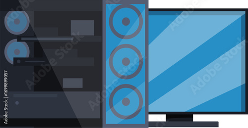 Desktop computer, monitor, and speakers arranged together, suggesting a complete multimedia or gaming setup