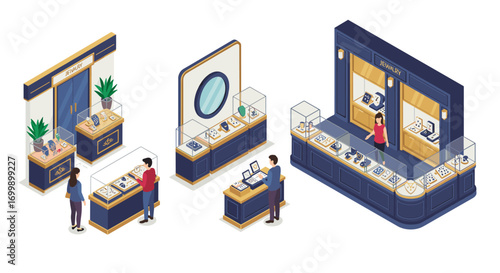 Isometric jewelry store interior with display counters and customers shopping