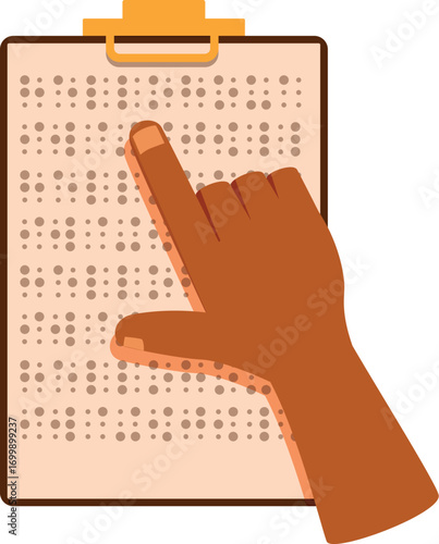 Hand carefully reading braille on a clipboard, symbolizing accessibility, inclusivity, and communication for visually impaired individuals