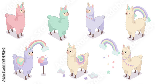 Cute isometric unicorn llamas with rainbow and stars in pastel colors