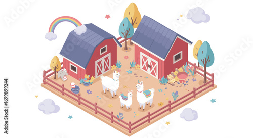 Cozy farm scene with llamas and barns in isometric pastel style