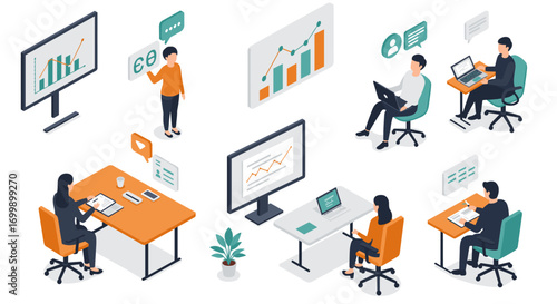 Team collaboration in modern office with technology and charts in isometric style
