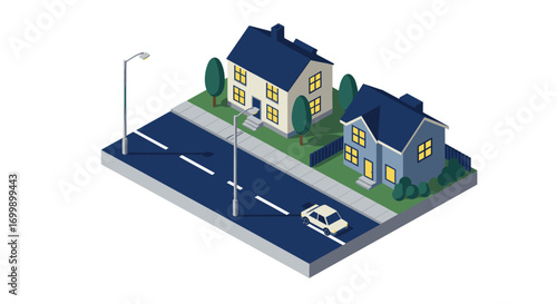 Isometric neighborhood scene with houses and street lamps at dusk
