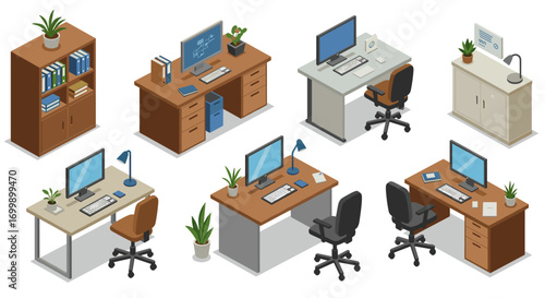 Isometric office workspace set with desks, chairs, and decor elements for modern interiors