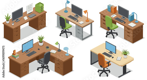Modern office desk setups with computers and accessories in isometric style