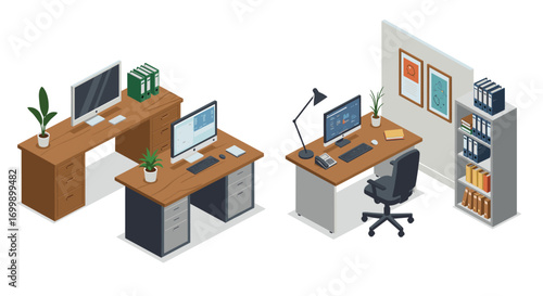Modern office workspace design with desks and computers in isometric style