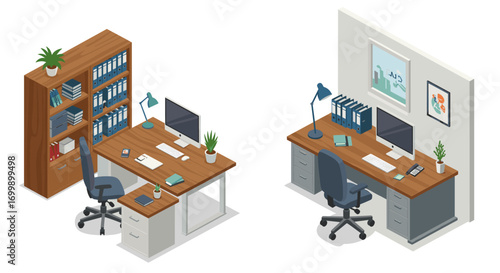 Modern isometric office interior with workspace and furniture elements