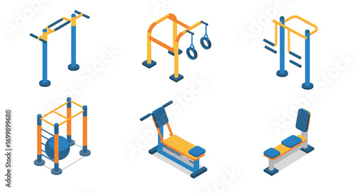 Isometric outdoor gym equipment set: pull-up bars, rings, benches, fitness essentials
