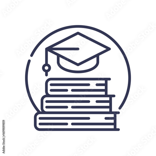 A line icon of a graduation cap on a stack of books, symbolizing academic achievement and knowledge gained through general secondary education, leading to graduation and further studies.