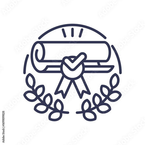 Icon of a diploma scroll with a ribbon and laurel wreath, symbolizing academic achievement and graduation from first-degree level higher education. Represents success, honor, and certification.