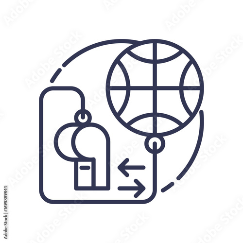 Icon for sports education, featuring a basketball, whistle, and arrows. Represents coaching, game strategy, player substitution, and athletic instruction.