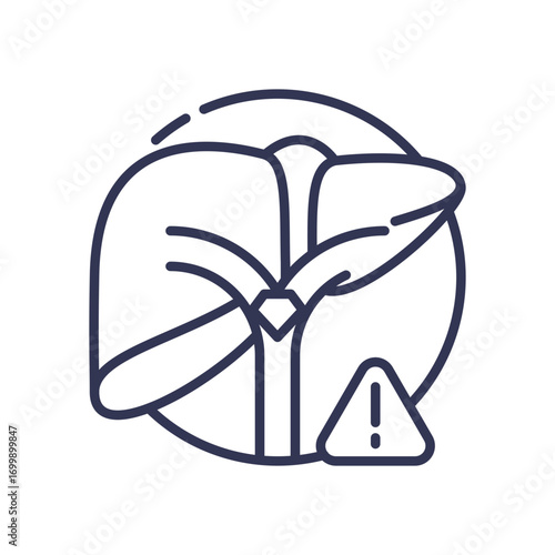 A line art icon of a human liver with a warning sign. It symbolizes liver disease, hepatitis, cirrhosis, or a general health alert regarding this vital organ's function and anatomical site.