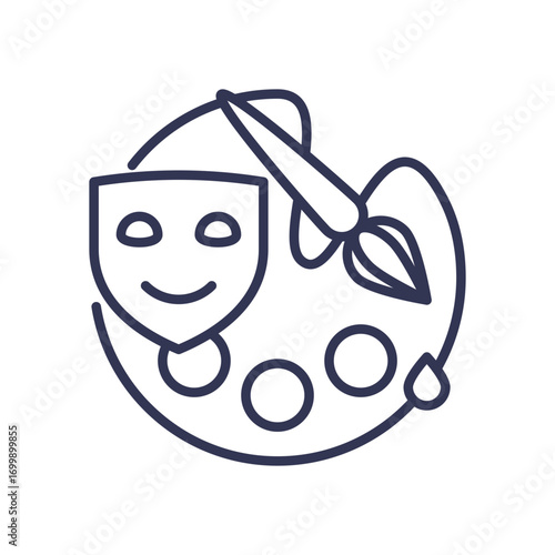 Line art icon for cultural education. A smiling theatrical mask, painter's palette, and brush symbolize instruction in performing and visual arts, fostering creativity.