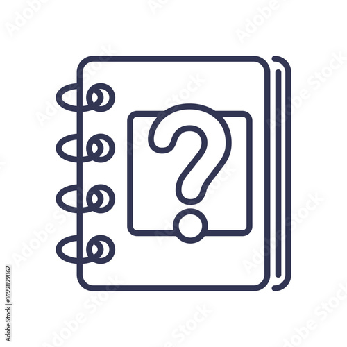 A line icon of a notebook with a question mark, symbolizing educational support, tutoring, and test preparation for finding answers and solving problems.