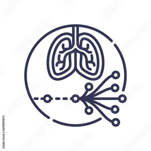 Icon of lungs with a pathway showing a delayed reaction. Represents the latent period before respiratory symptoms manifest, symbolizing delayed onset of lung disease.
