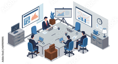 Collaborative office meeting in modern isometric style with data analytics and remote work elements