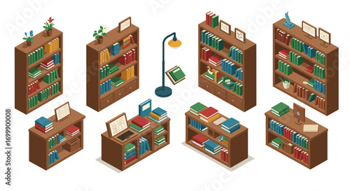 Isometric bookshelves and reading spaces with plants and desk lamps