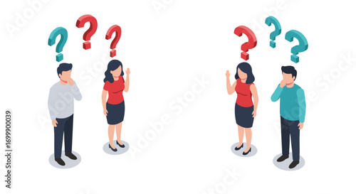 Isometric concept of people with question marks for problem solving and communication