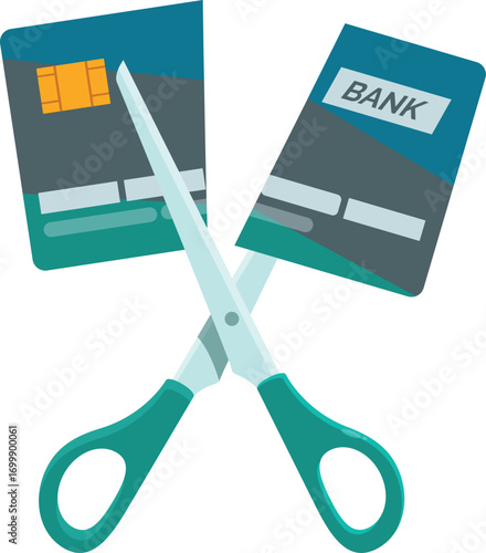 Scissors cutting credit card ending debt and avoiding bankruptcy risk, concept of financial responsibility