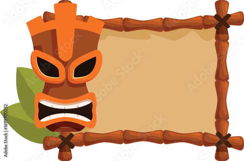 Cartoon illustration featuring a tiki mask and a bamboo frame, evoking a tropical summer atmosphere