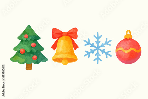 Winter holiday decoration set with Christmas tree, green fir branches, balls, and other ornaments