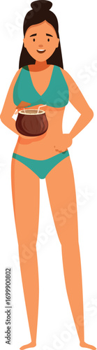Happy woman in bikini enjoying a refreshing coconut cocktail on a tropical beach