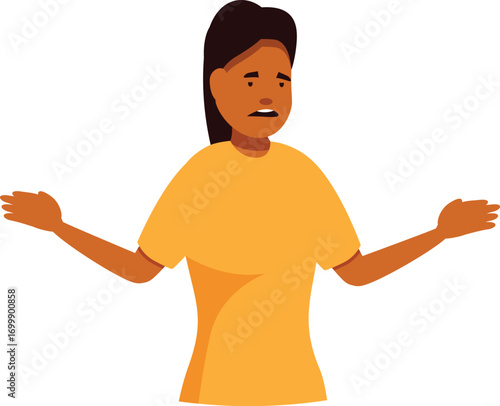 Confused young woman shrugging and gesturing with open hands, expressing doubt and uncertainty