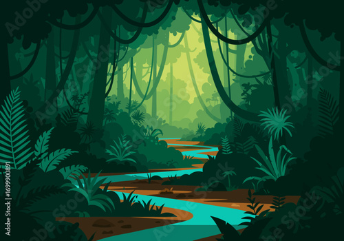 Lush Green Jungle Scene with Winding River and Dense Foliage.