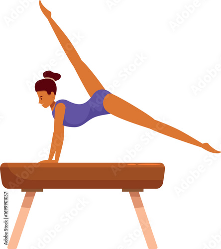 Young woman gymnast performing a balancing exercise on the balance beam, showcasing strength, flexibility, and grace