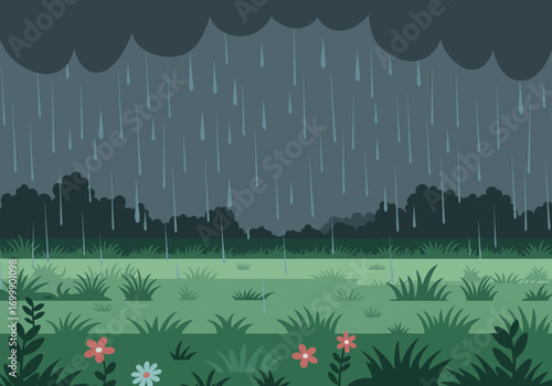 Rainy Day Landscape with Flowers and Greenery Illustration.