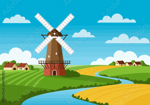Traditional Dutch Windmill in a Rural Landscape Illustration.