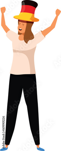Sports fan celebrating with arms raised, wearing german flag colors hat, joyful expression