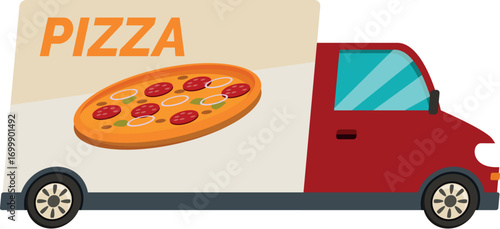 Side view of a red delivery truck carrying fresh, hot pizza to hungry customers