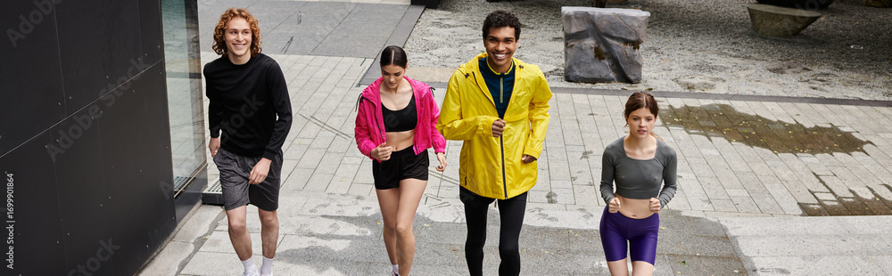 Obraz premium Energetic group of young athletes jogging together on a sunny outdoor pathway