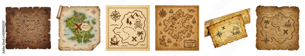 Naklejka premium Pirate treasure map set including various aged parchment, cartoon, and detailed island styles isolated. Adventure and discovery theme.