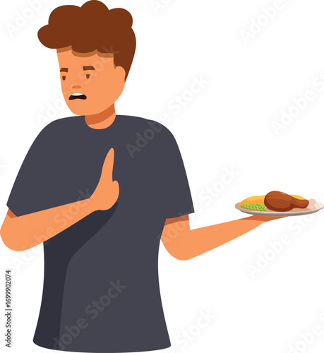 Man refusing a plate of unhealthy food, promoting healthy eating habits and conscious food choices