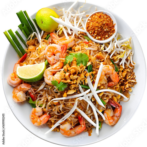 Delicious Pad Thai with Shrimp and Fresh Ingredients on White Plate