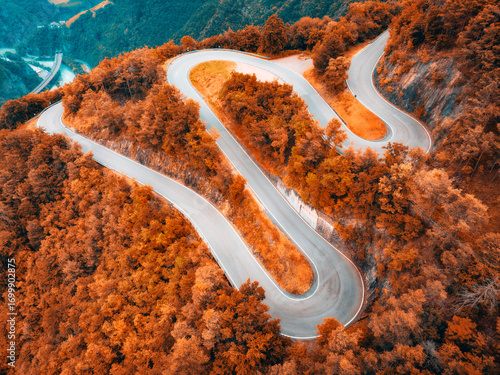 Fototapeta Naklejka Na Ścianę i Meble -  Aerial view of mountain curvy road and red forest in autumn. Dolomites, Italy. Top view of winding road on mountain pass, orange trees in fall. Snake road in the woods. Colorful landscape with road